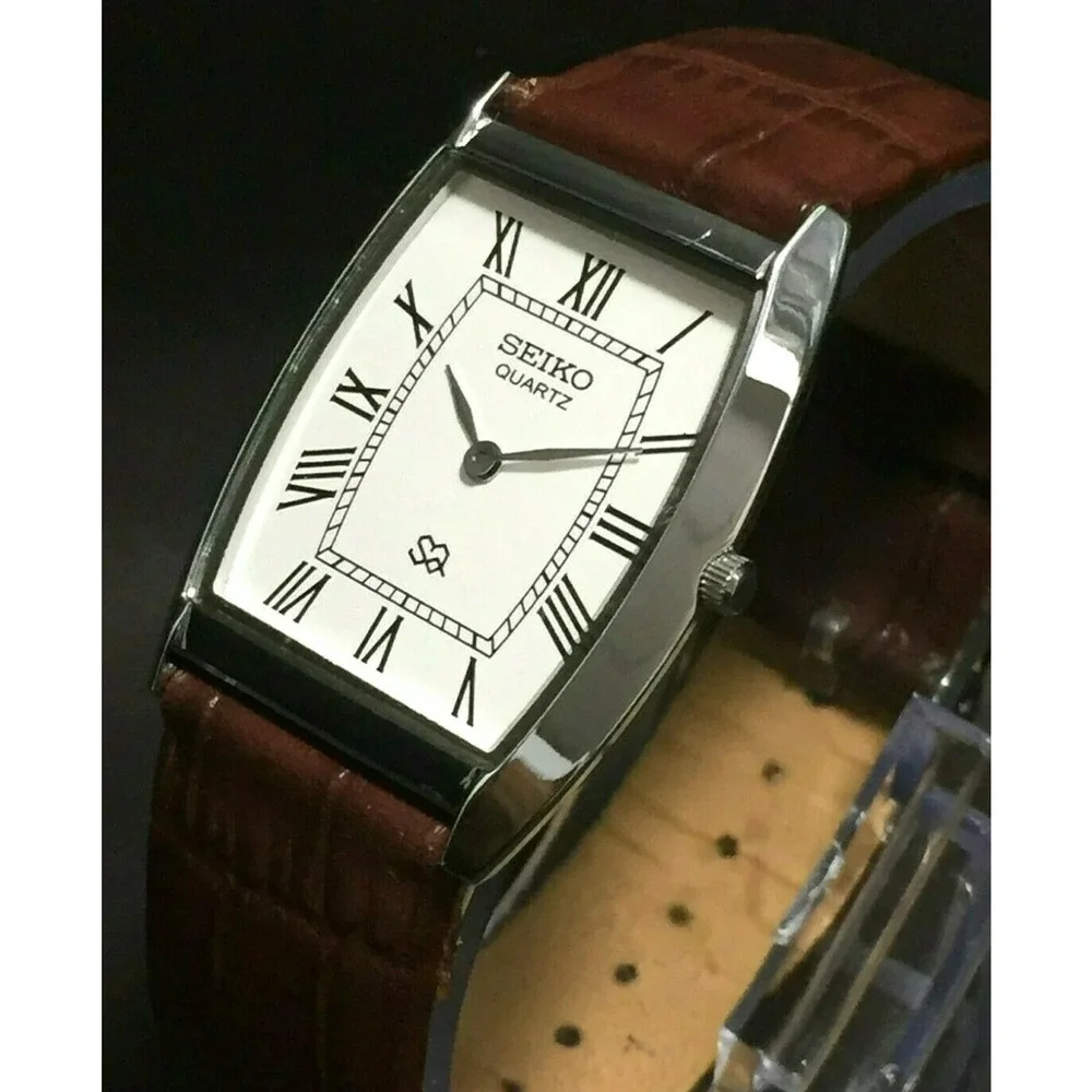 Vintage Style Seiko Quartz Mens Silver Watch & White accents W/ Leather Strap